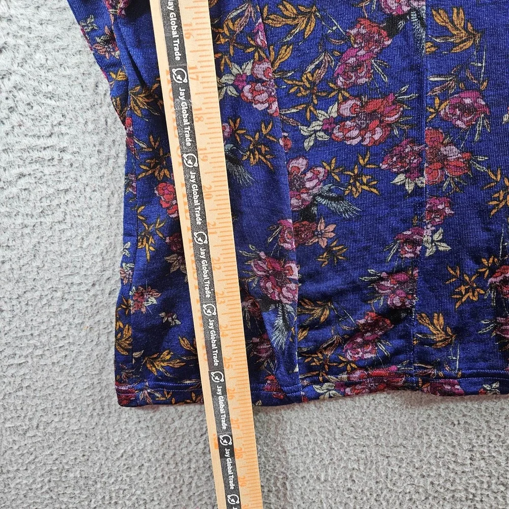 Free People‎ Top Women Medium Floral Print Ruffle Stretch Cut Back Red Blue